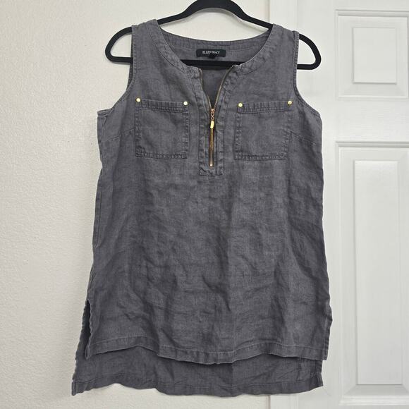 Ellen Tracy 100%Linen Sleeveless Top XL Gray 1/4 Zip Classic Normcore Minimalist - Picture 1 of 7